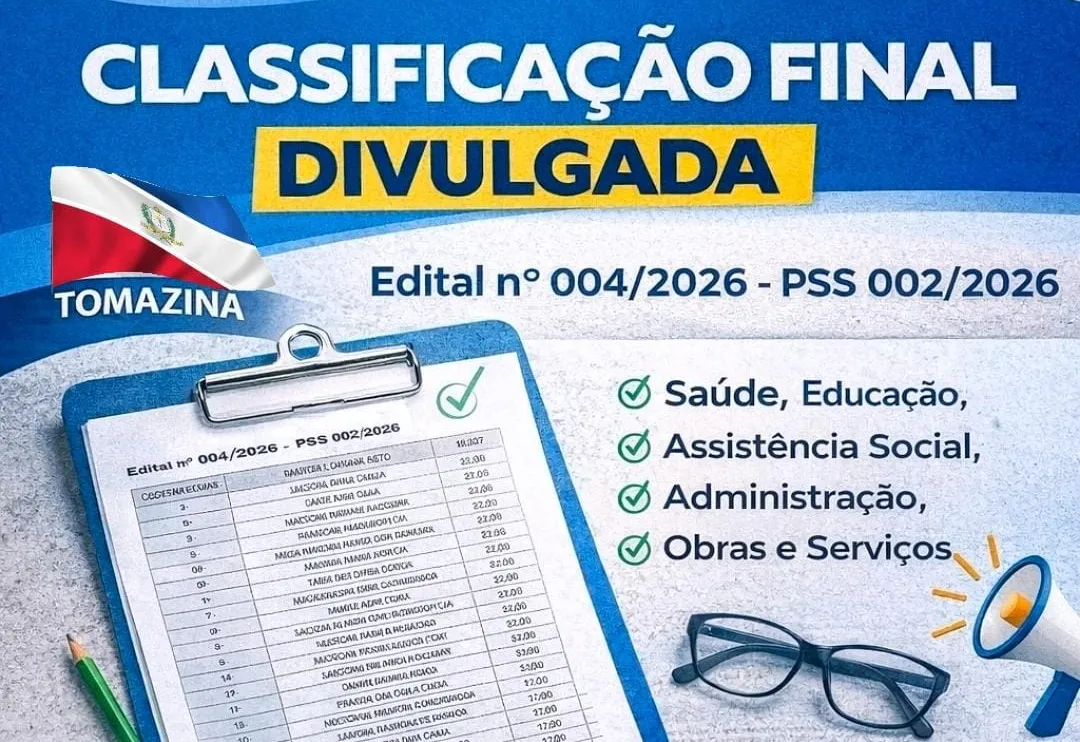 Prefeitura de Tomazina divulga classificação final do PSS nº 002/2026